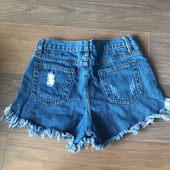 Blue denim jean shorts frayed fringe medium high rise cute jeans ripped - Picture 4 of 8